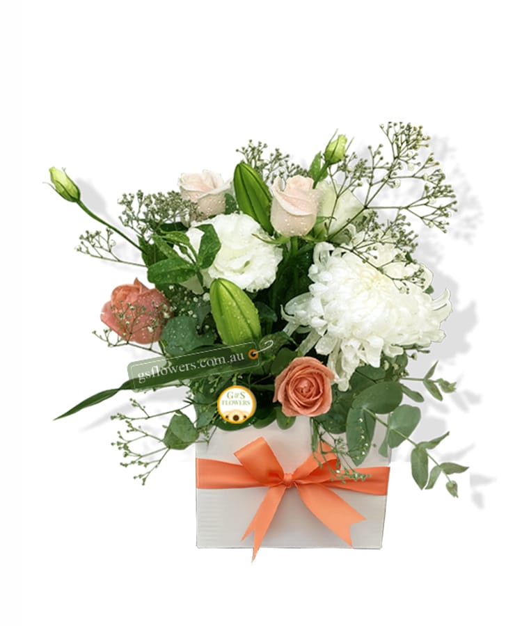 Welcome Little One Flowers - White Box Orange Ribbon - Floral design