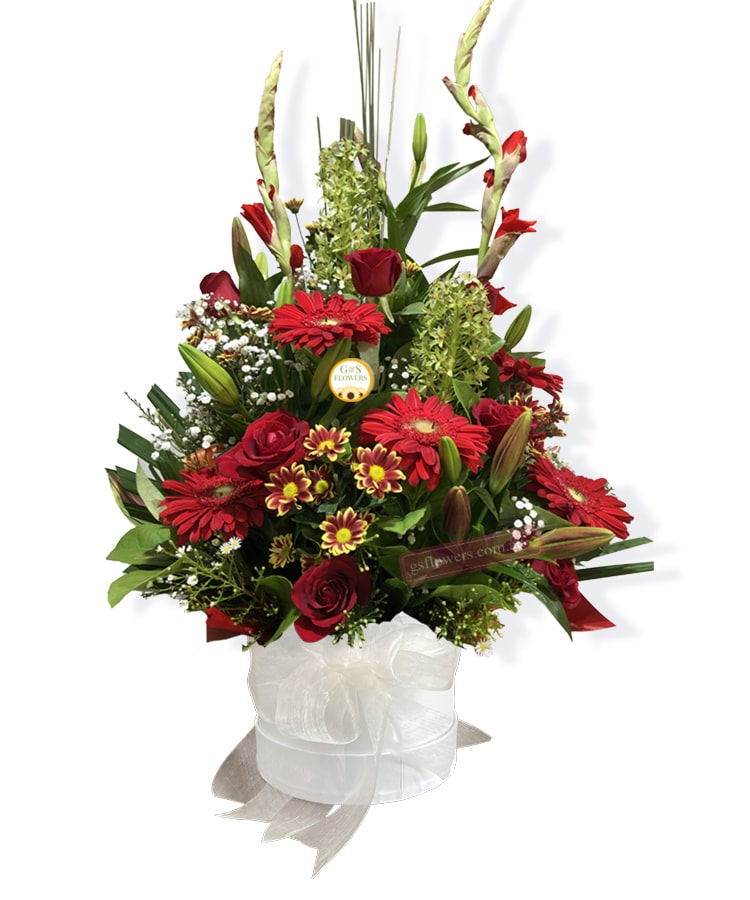 Beautiful in Red Flowers - White Box White Ribbon - Floral design