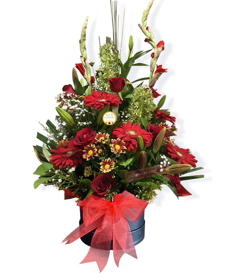 Beautiful in Red Flowers - Black Box Red Ribbon - Floral design
