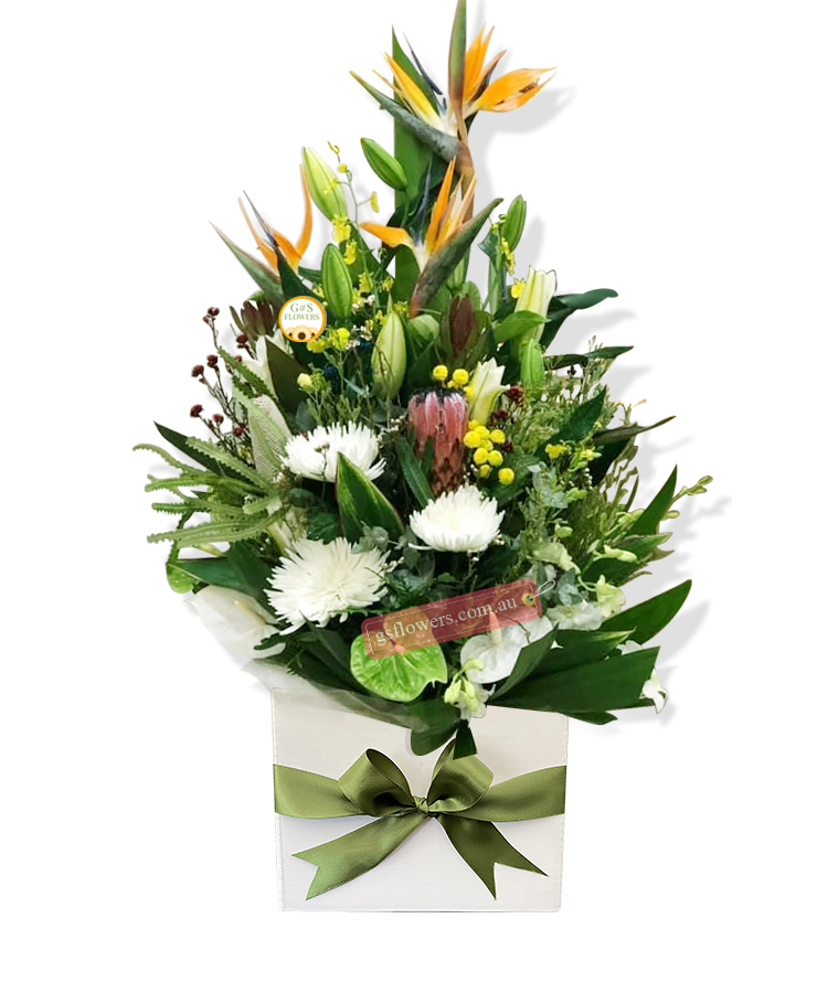 Special Blessing Sympathy Flowers - White Box Green Ribbon - Floral design