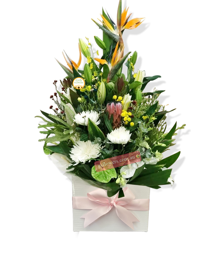 Special Blessing Sympathy Flowers - White Box Pink Ribbon - Floral design
