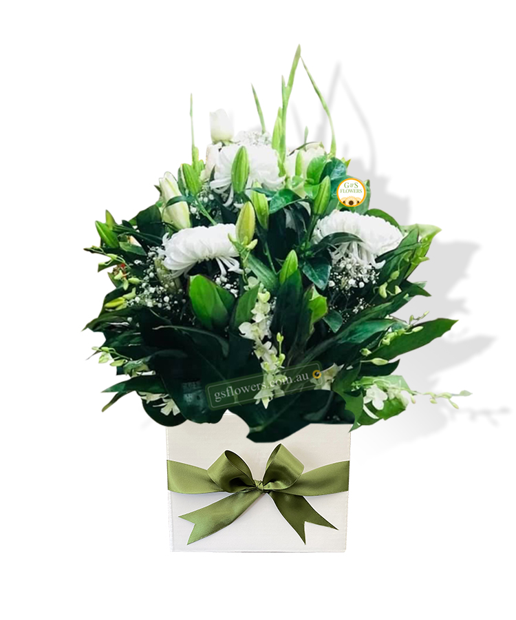 In Our Heart Sympathy Flowers - White Box Green Ribbon - Floral design