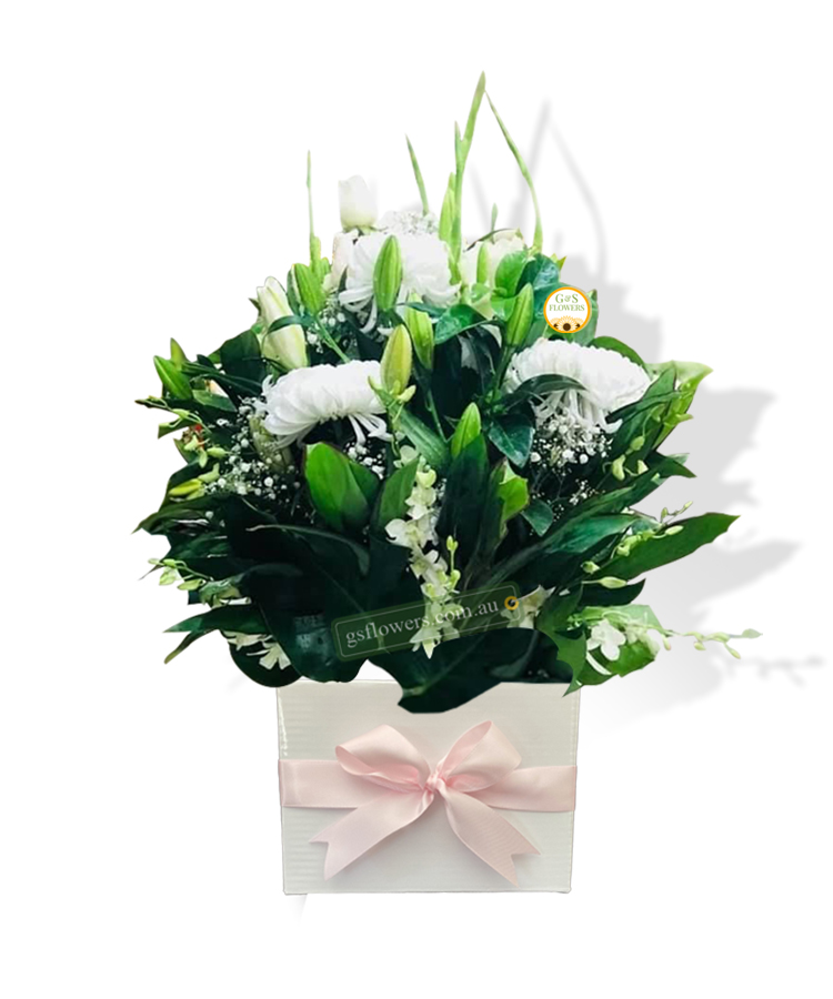 In Our Heart Sympathy Flowers - White Box Pink Ribbon - Floral design