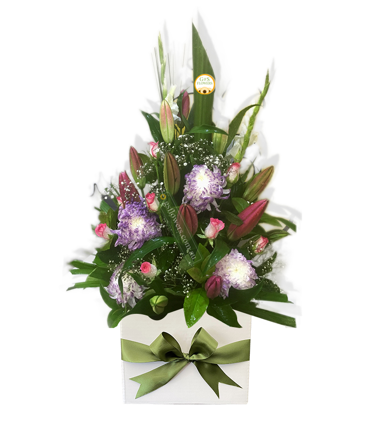 In Loving Memory Sympathy Flowers - White Box Green Ribbon - Floral design
