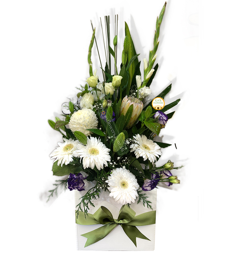 Rest in Peace Sympathy Flowers - White Box Green Ribbon - Floral design