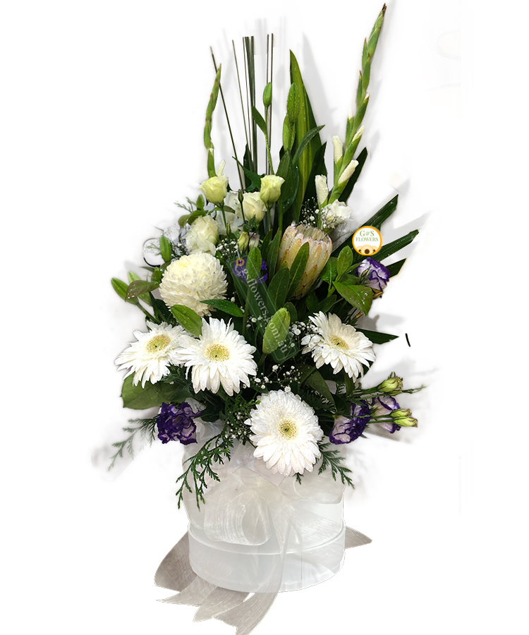 Rest in Peace Sympathy Flowers - White Box White Ribbon - Floral design